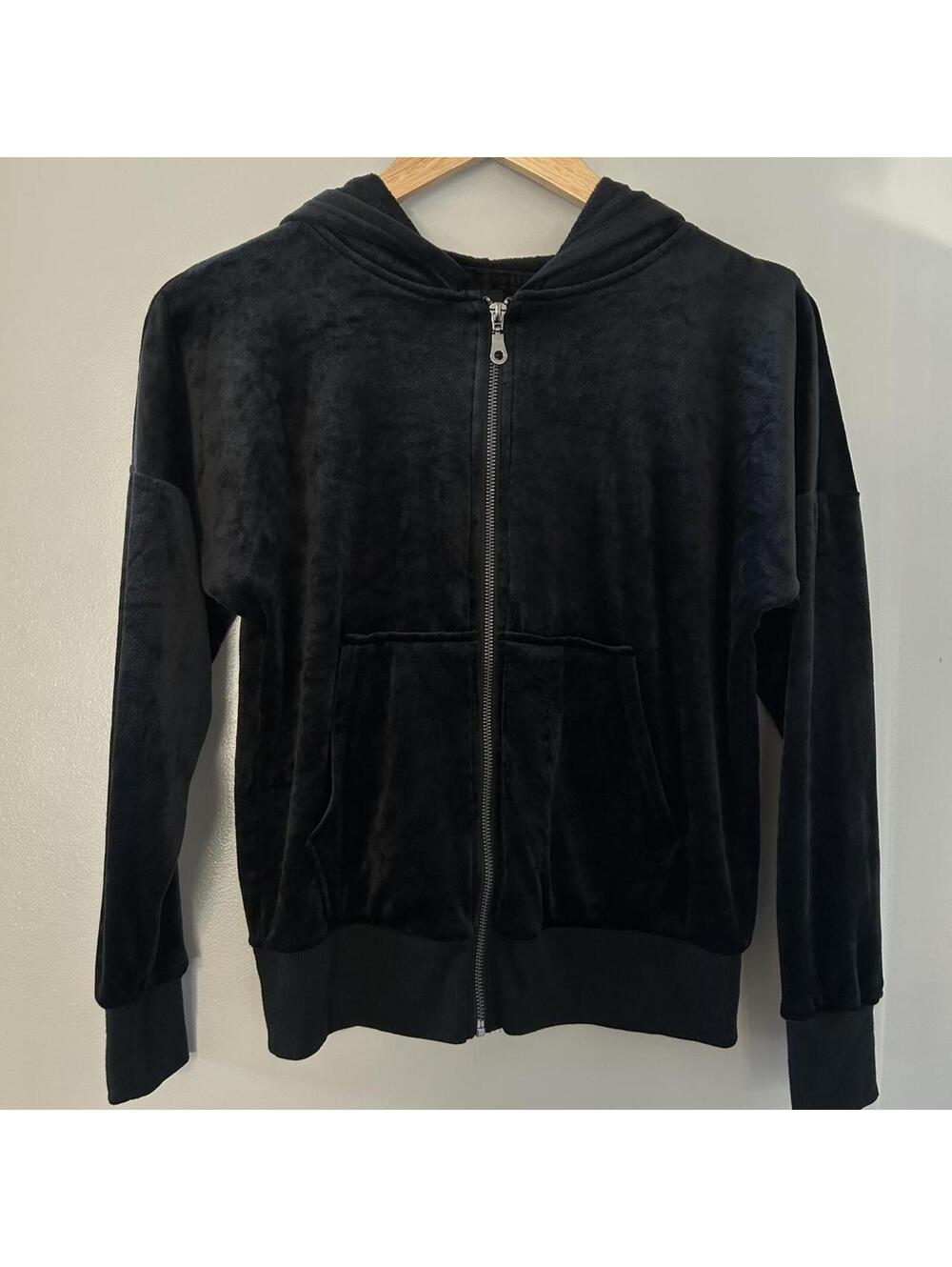 Black velvet zip up hoodie with pockets.